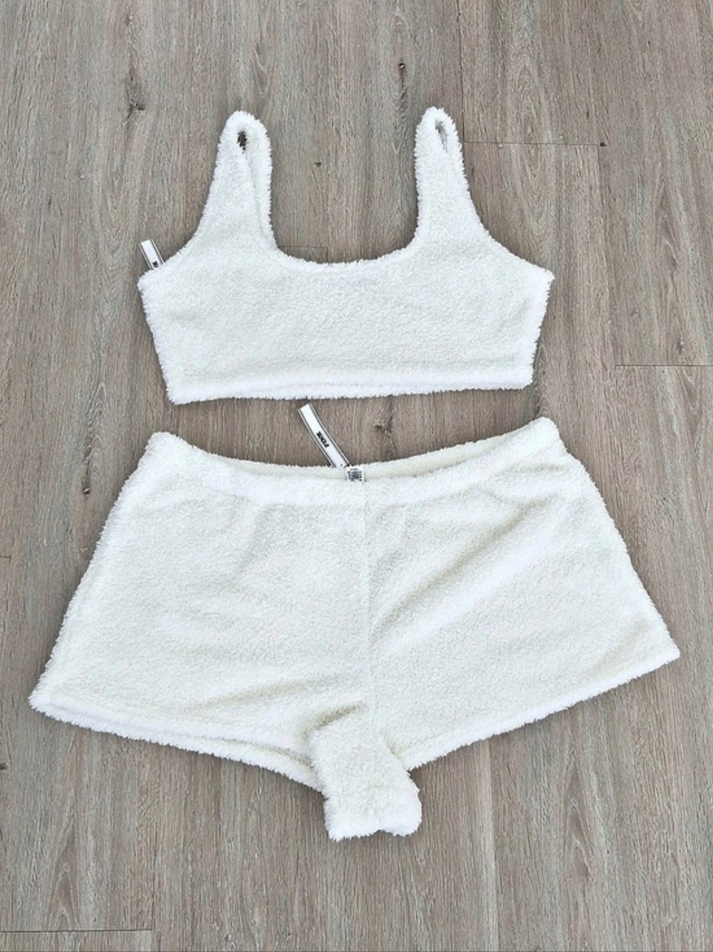 PINK Cozy Crop Top & High-Waist Shorts Set in Cream Pajamas